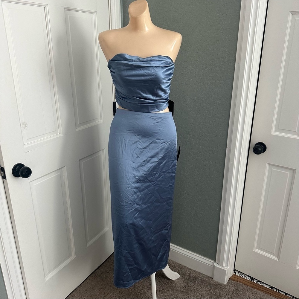 LULU’S DEMURE SWEETIE SATIN STRAPLESS TWO PIECE MIDI DRESS - Picture 5 of 13